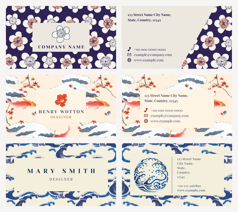 Business card template psd set Japanese pattern, remix of artwork by Watanabe Seitei