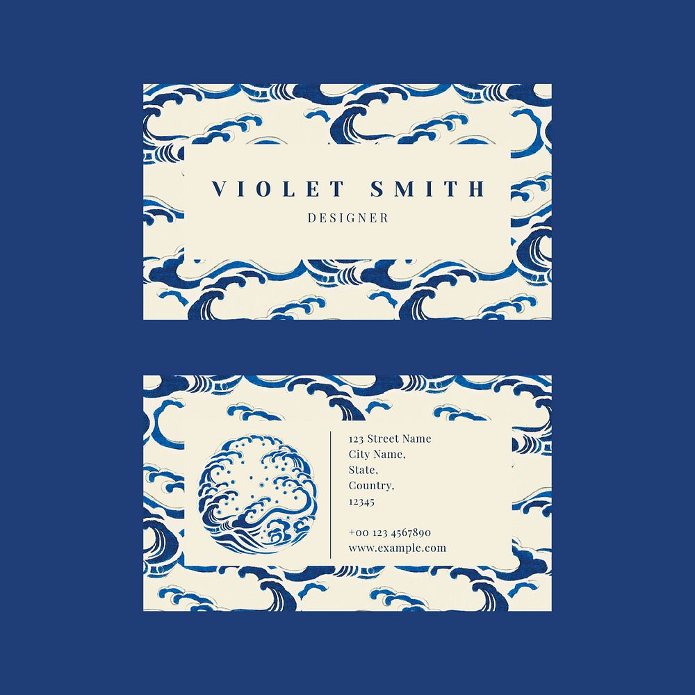 Japanese wave pattern business card psd editable template, remix of artwork by Watanabe Seitei