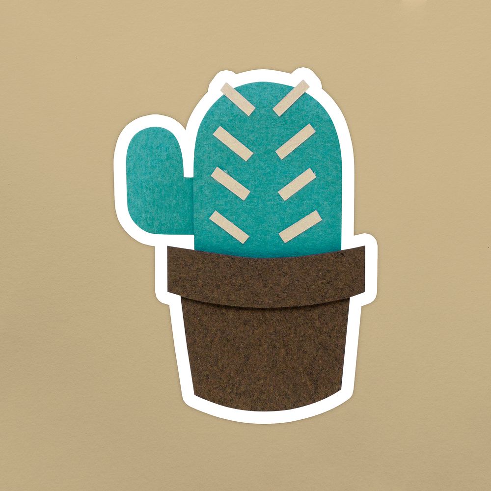 Green cactus paper craft sticker on brown background