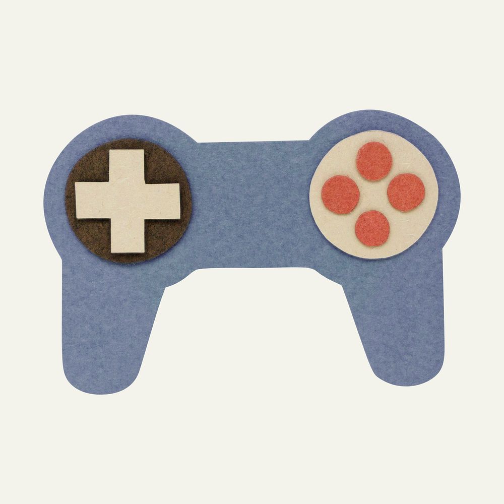Blue game controller paper craft on off white background
