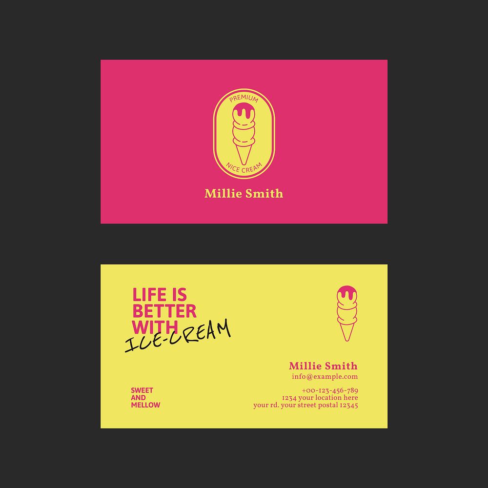 Ice cream business card template psd in pink and yellow