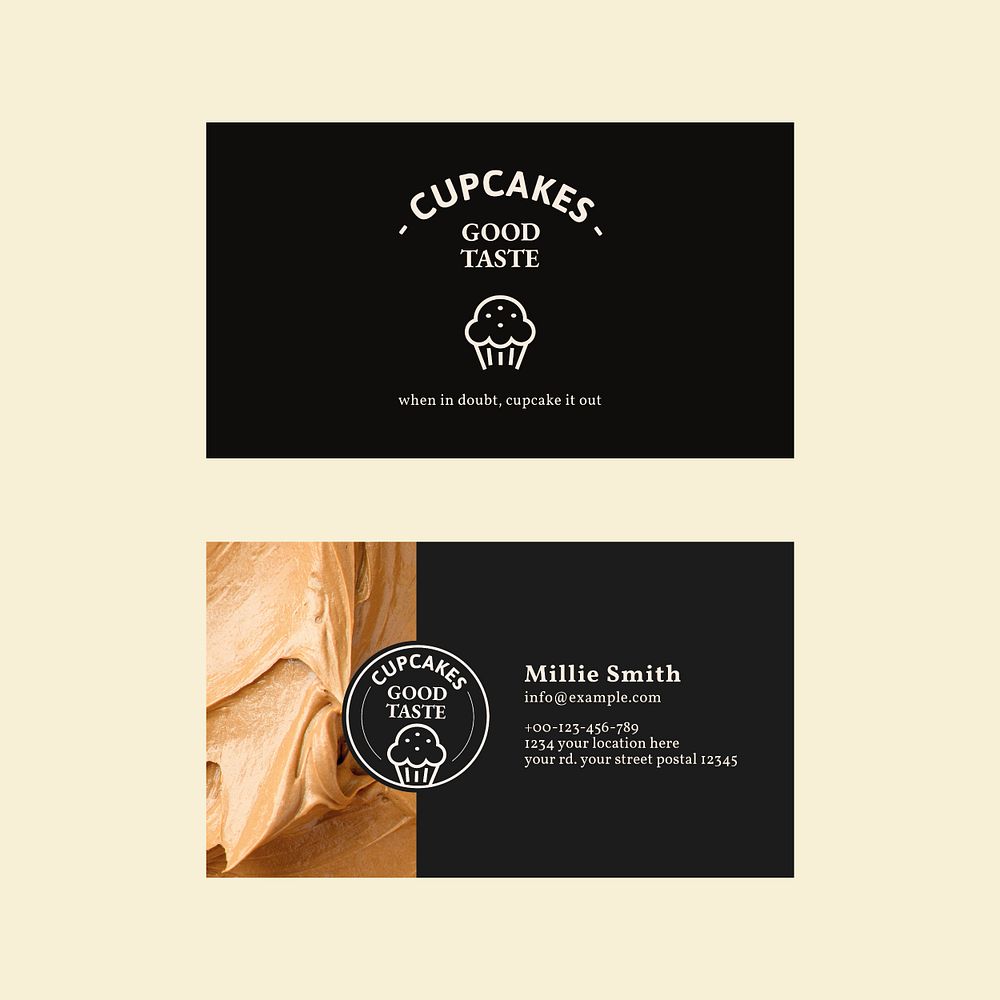 Bakery business card template psd in black with frosting texture