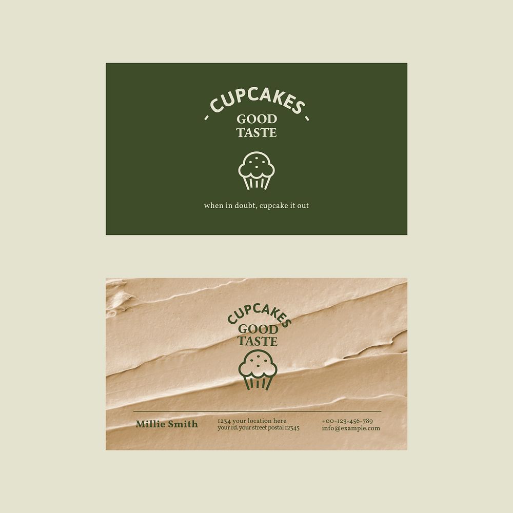 Bakery business card template psd in green and beige with frosting texture
