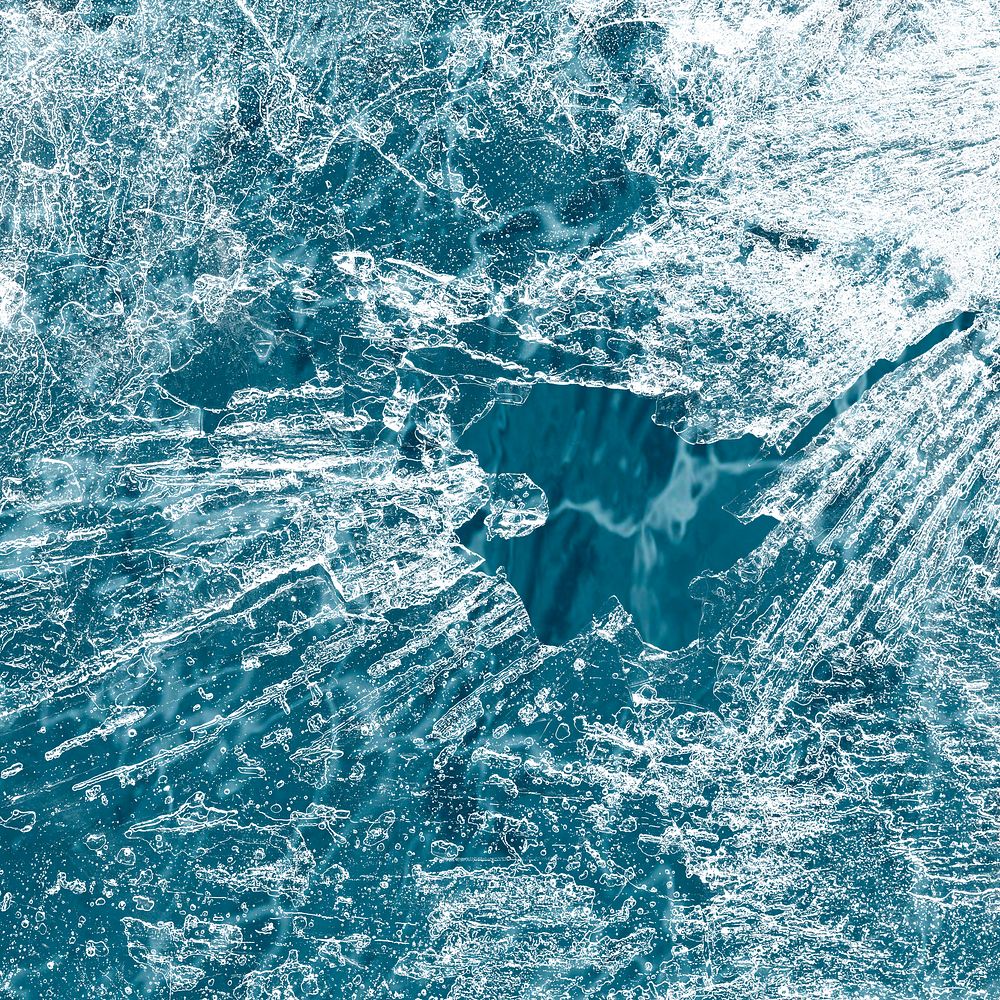 Ice surface texture macro shot design element on a blue background