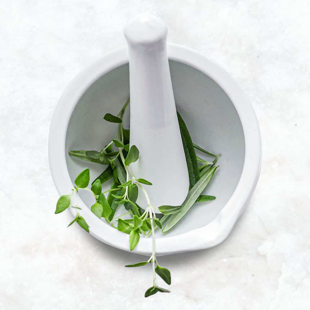 Mortar psd with thyme and rosemary