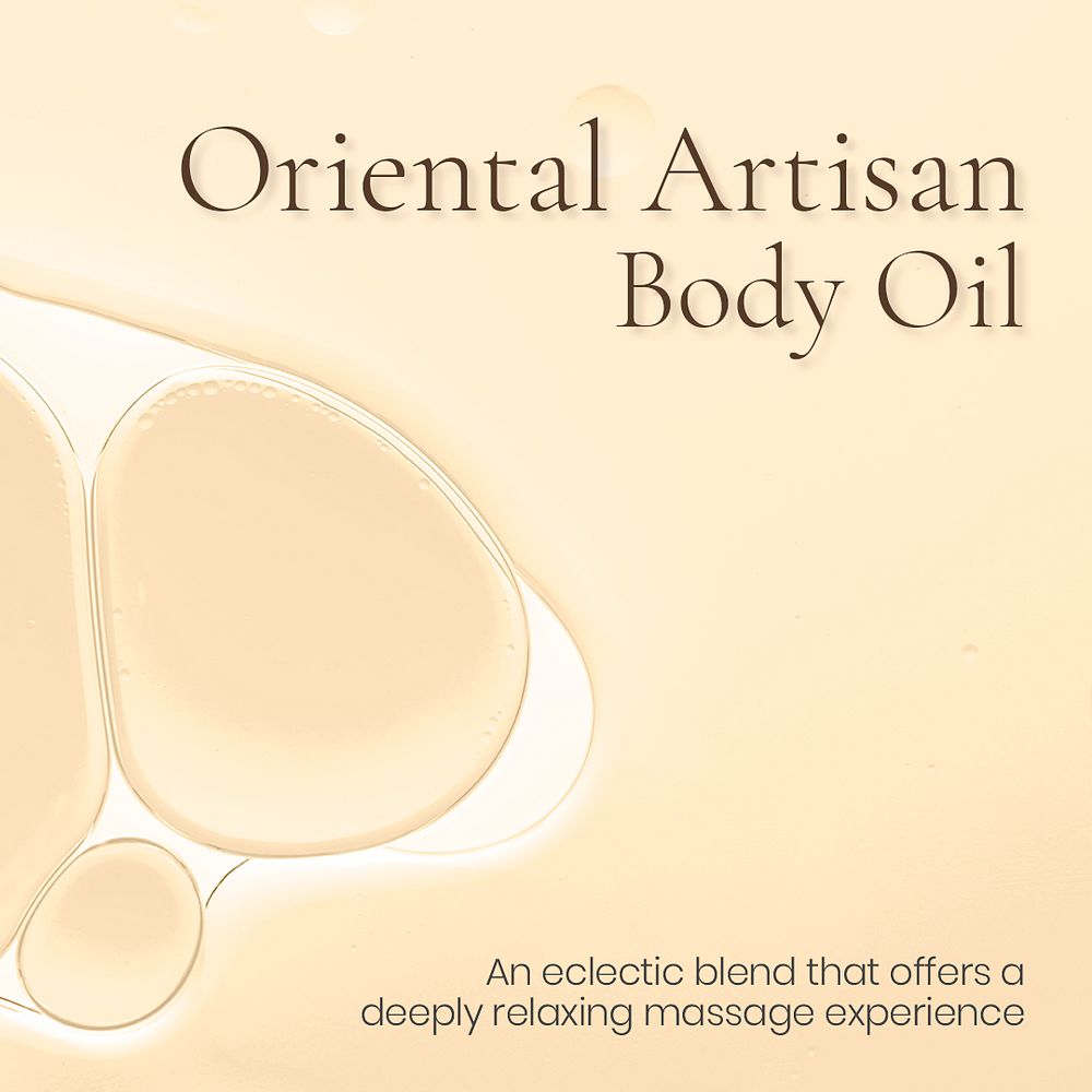 Facebook post template oil bubble background psd, oriental artisan body oil text