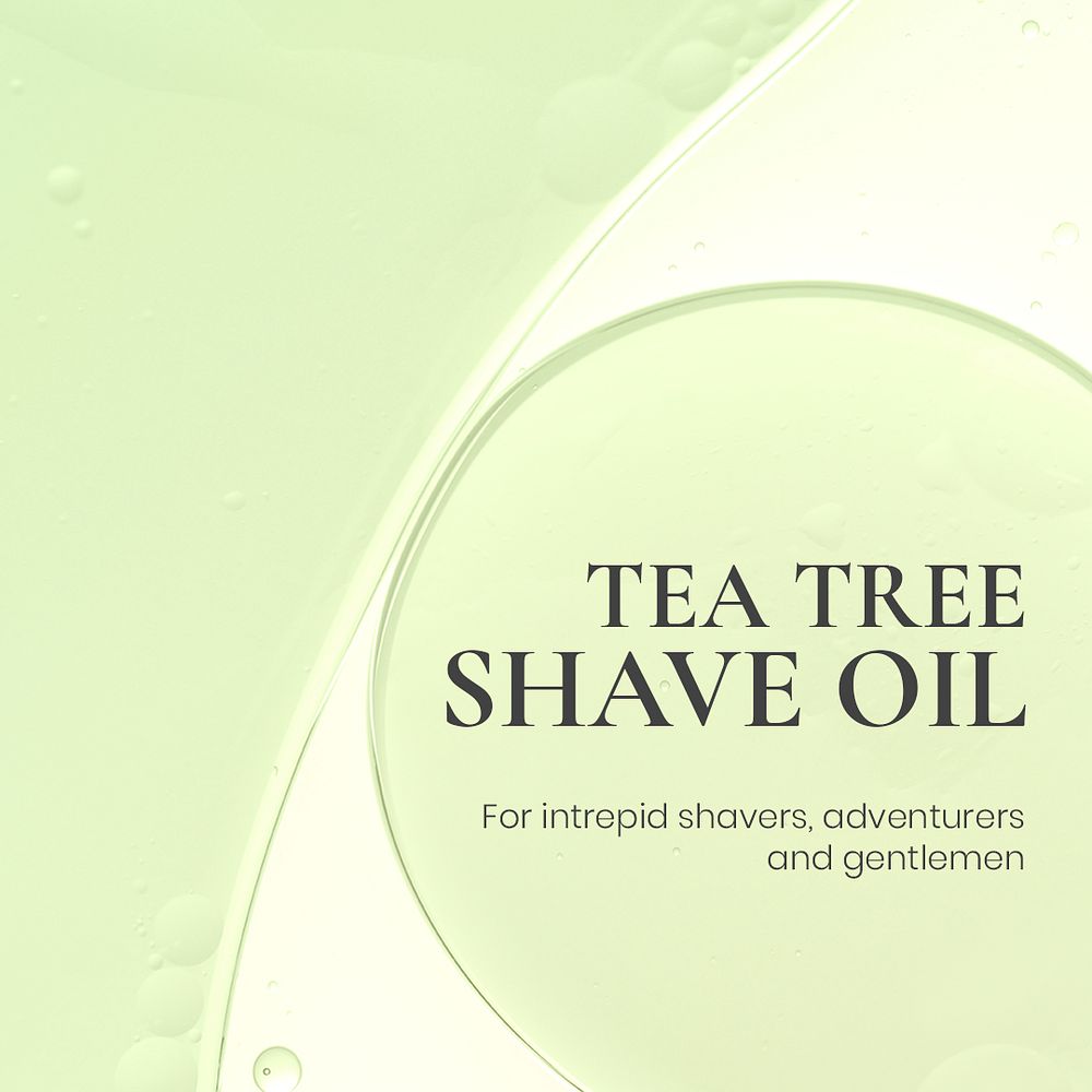 Facebook post template oil bubble background psd, tea tree shave oil text