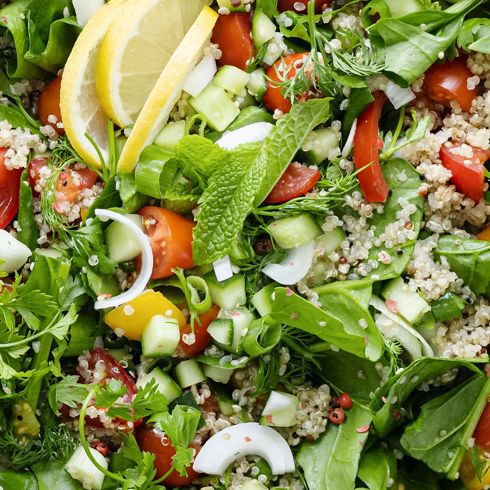 Very fresh herb quinoa bowl closeup