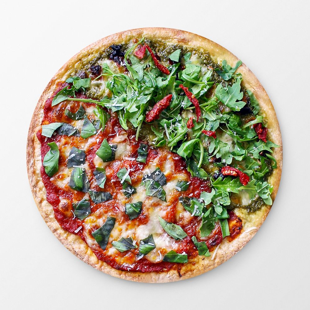 Vegetarian pizza on white background, food photography