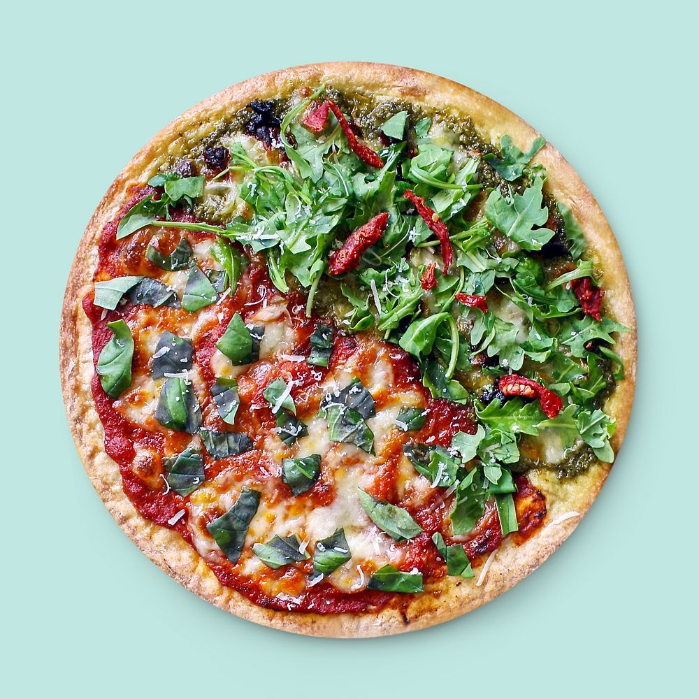 Vegetarian pizza on turquoise background, food photography