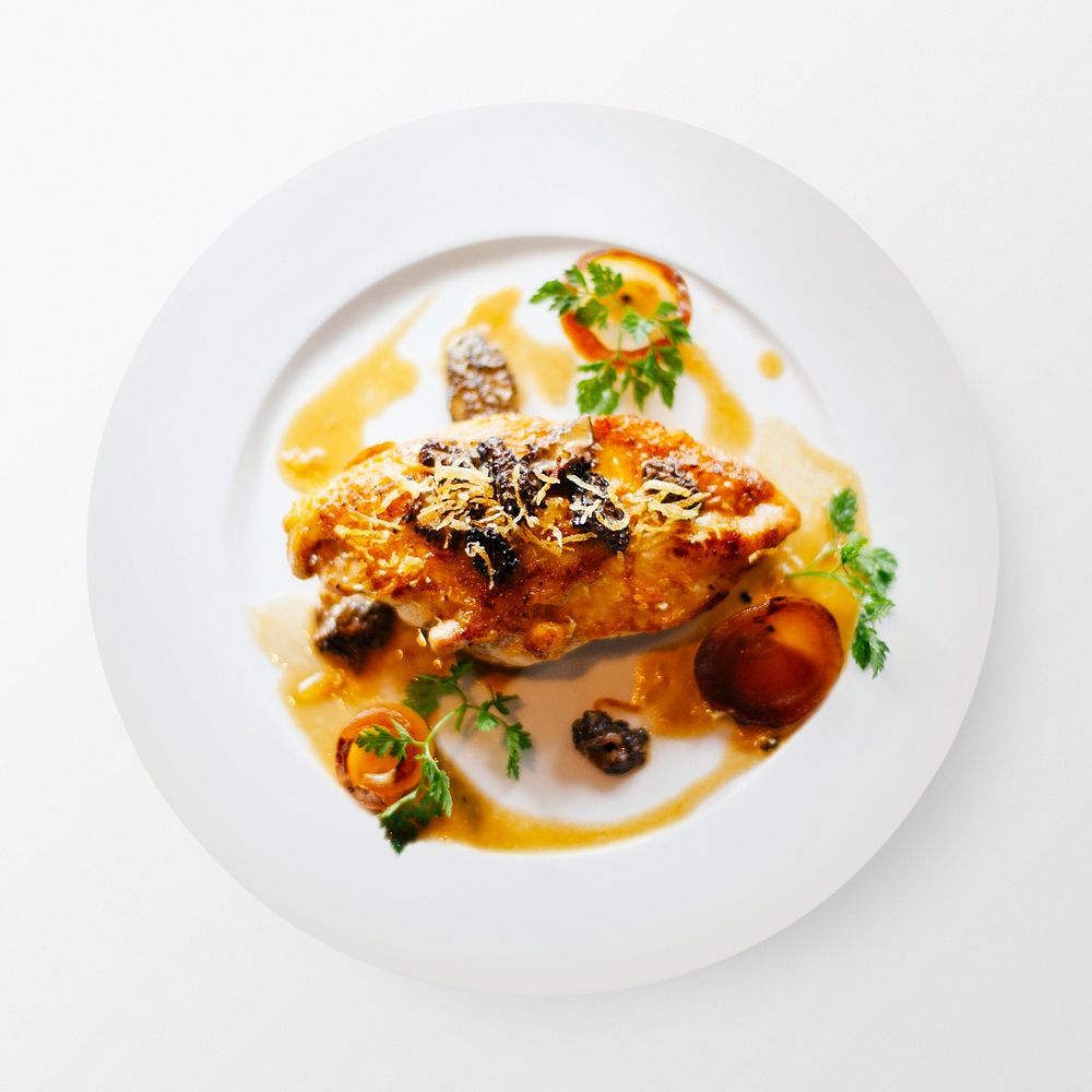 Chicken dinner on plate, food photography