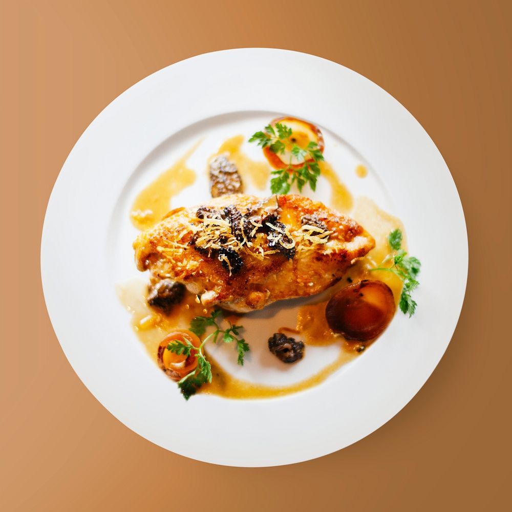 Chicken dinner on plate, food photography psd