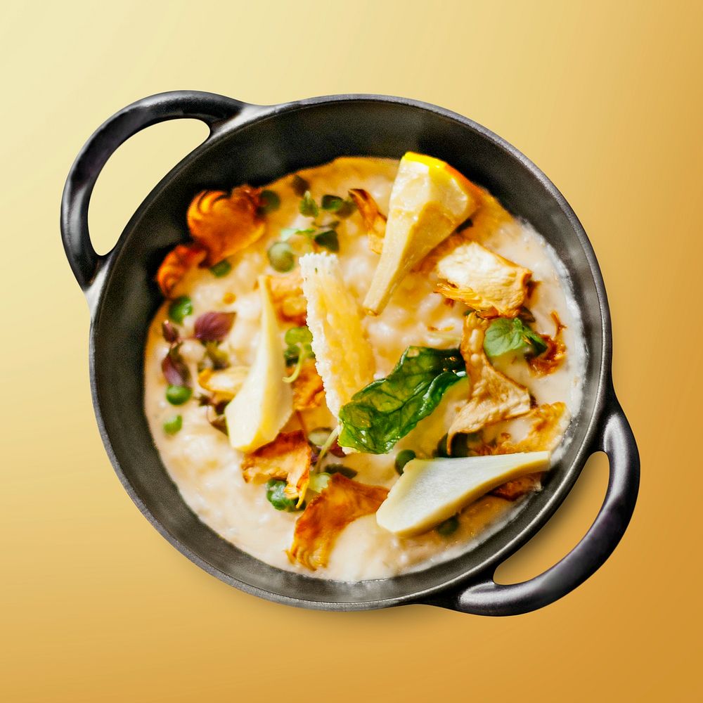Skillet stew on golden background, food photography