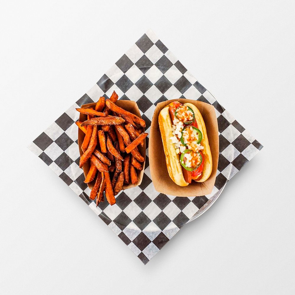 Hot dog meal on white background, food photography