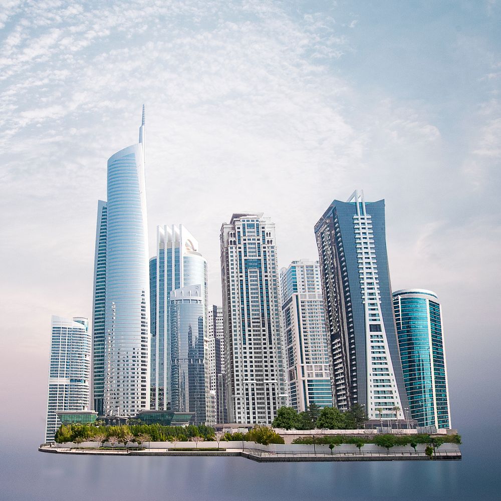 Floating Dubai island background, metaverse city