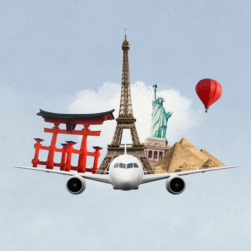 World travel background, famous landmarks with airplane remixed media