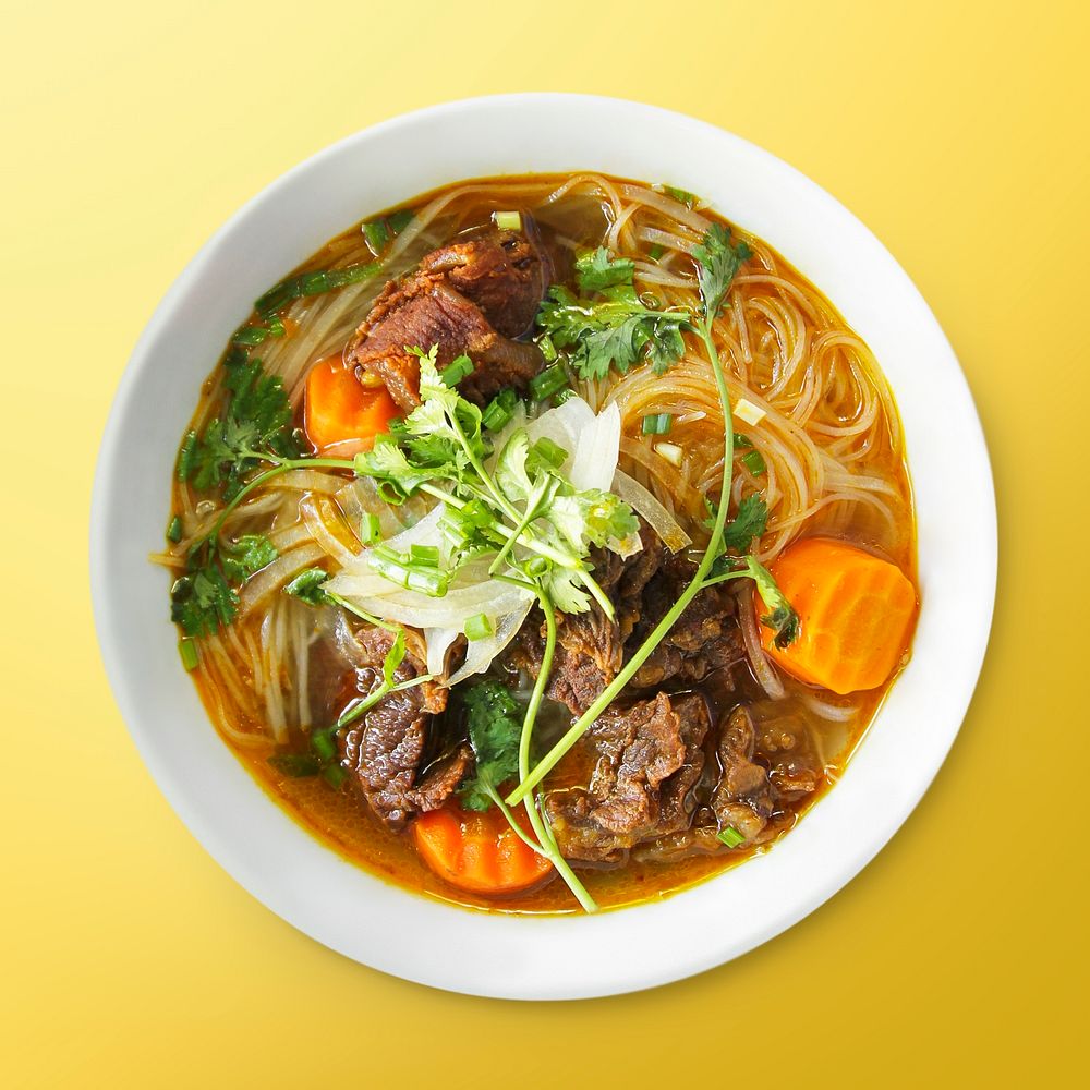 Noodle soup in a bowl, food photography, flat lay style