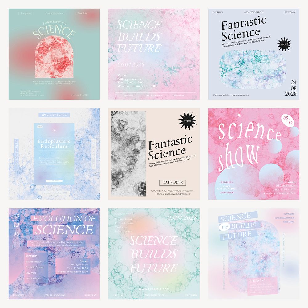 Bubble art science template psd event aesthetic social media ad set