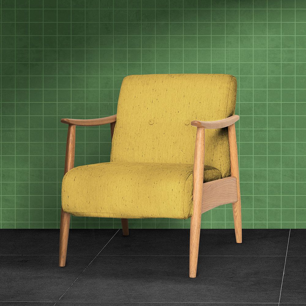Mid-century yellow armchair mockup psd living room furniture