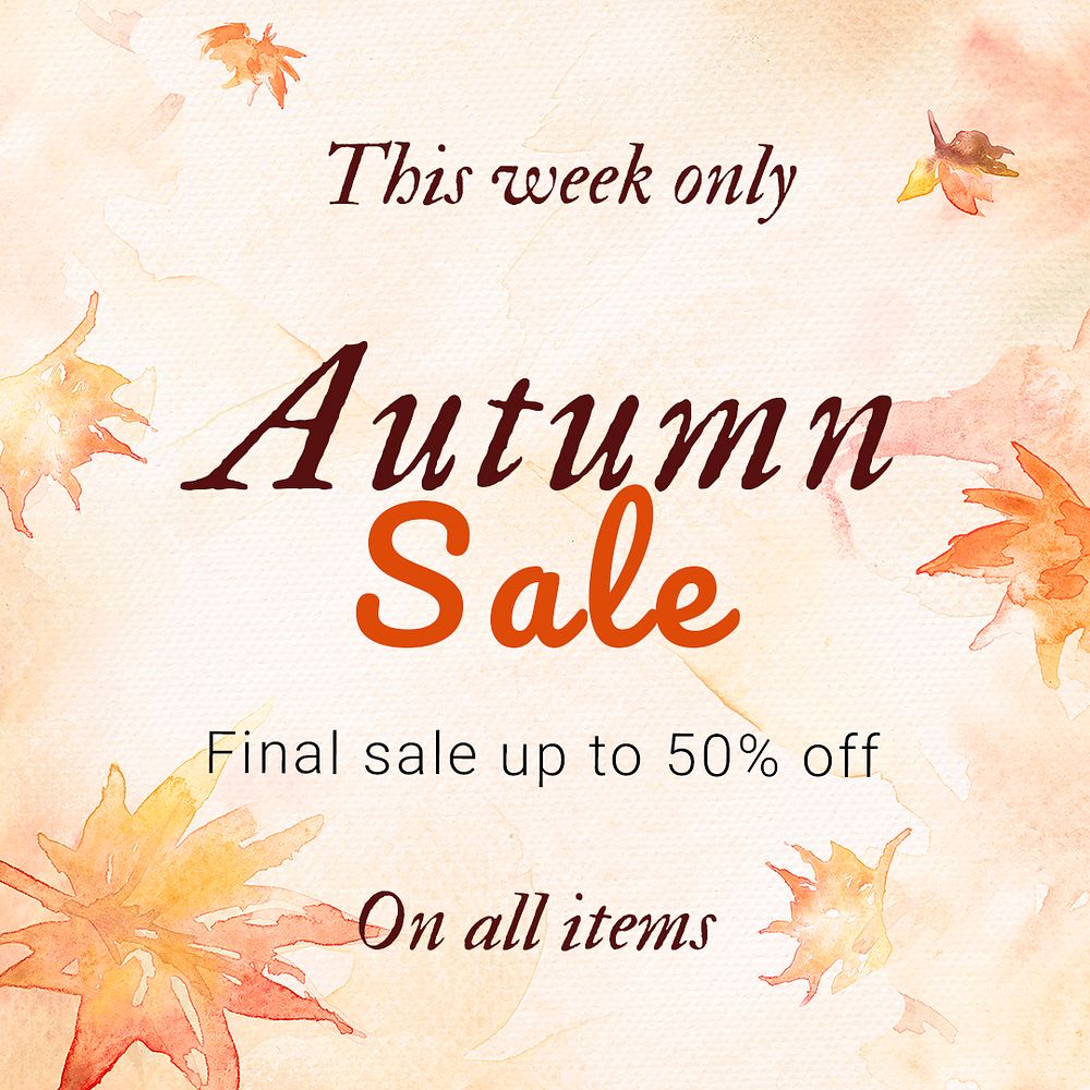 Autumn sale watercolor template psd fashion social media ad