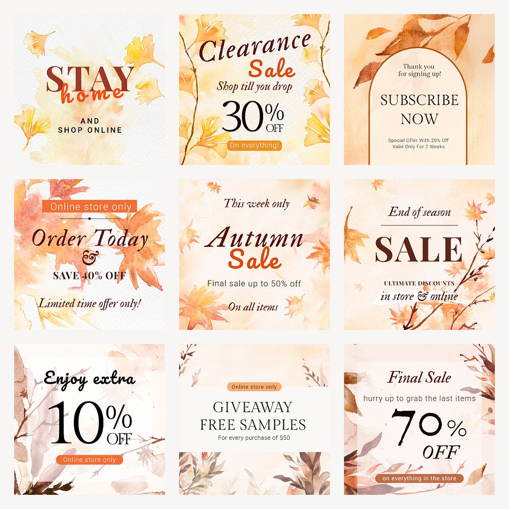 Aesthetic autumn sale template psd social media ad set