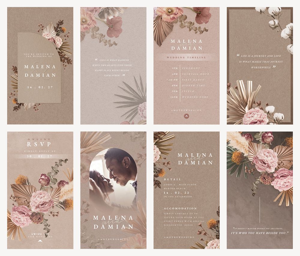 Aesthetic floral Instagram story template, wedding invitation set psd
