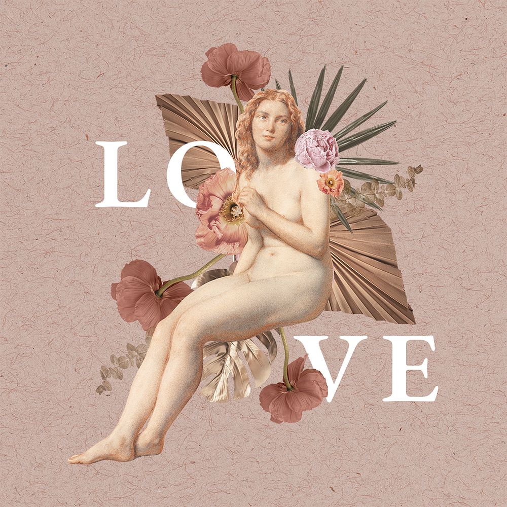 Love social media post template, goddess figure with flowers psd