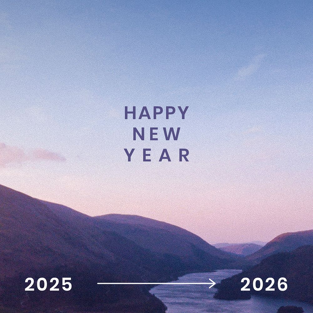 Aesthetic new year template psd, sunset mountain design, year 2026