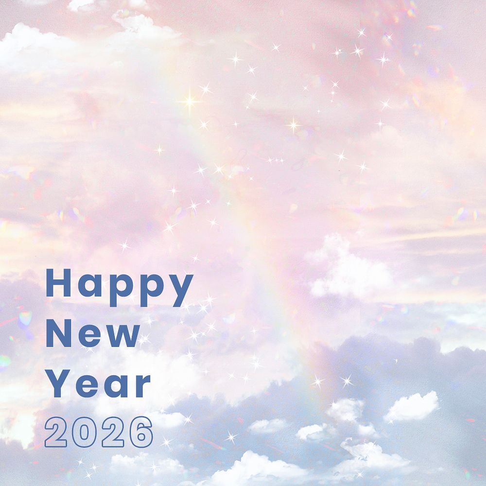 New year template, aesthetic pastel rainbow sky design psd, year 2026