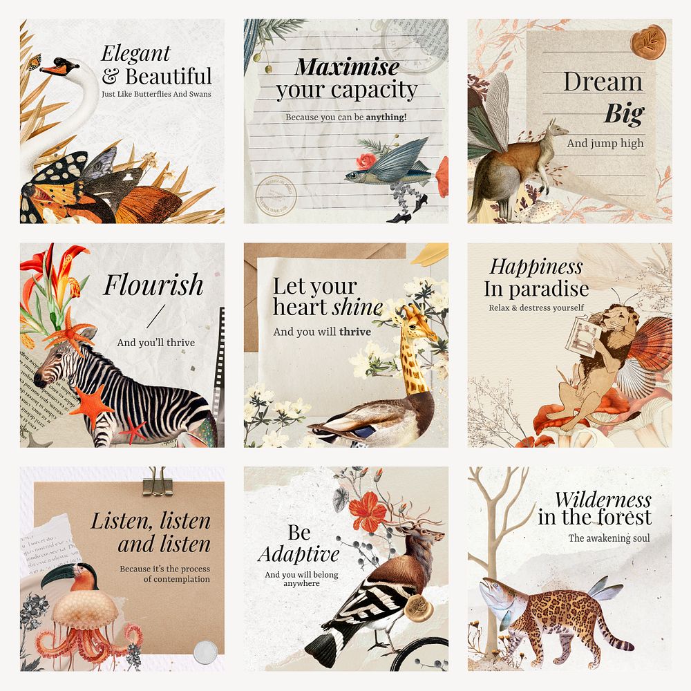 Retro animal collage post template, editable vintage surreal journal planner scrapbook artwork with quote social media psd…