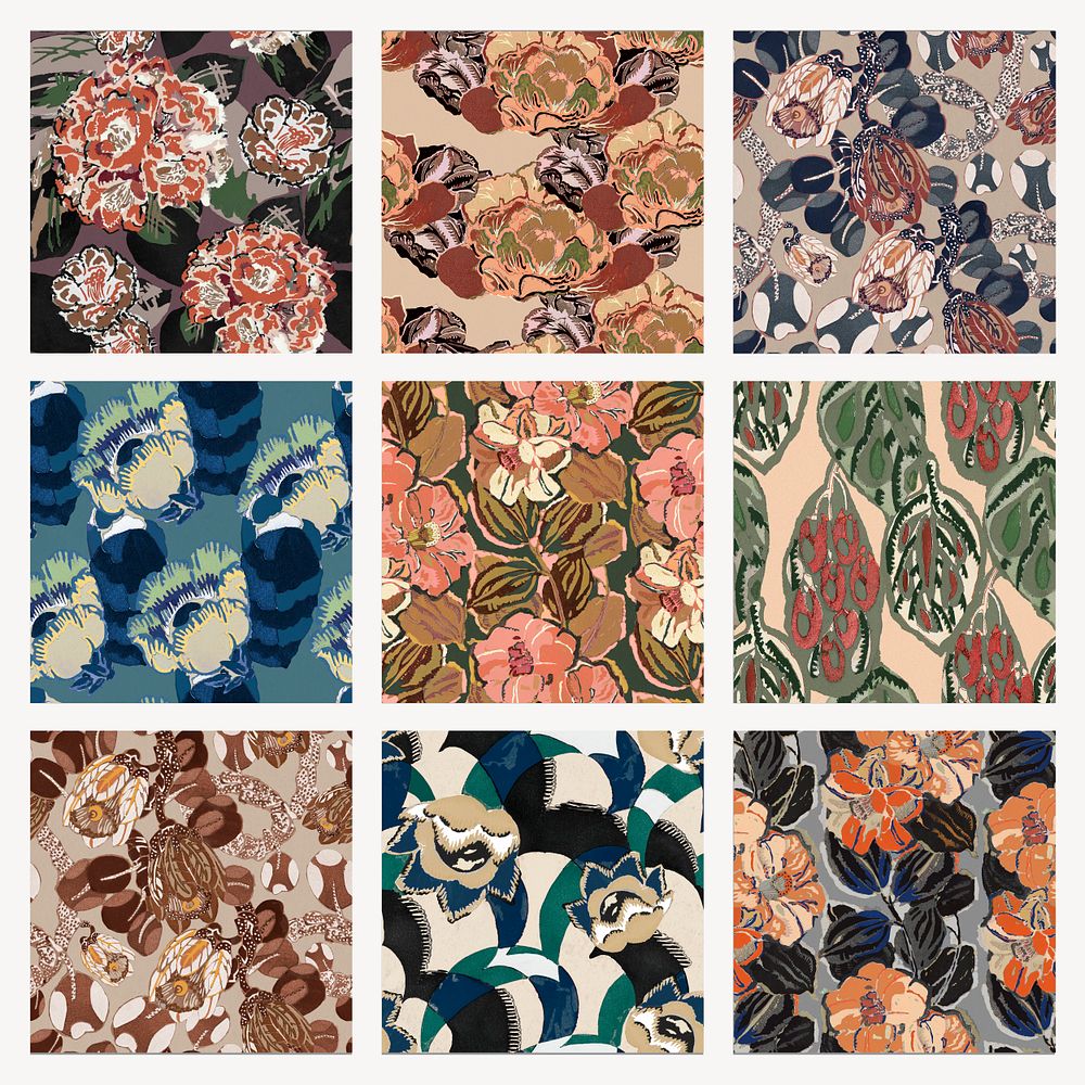 Seamless flower pattern background, vintage botanical art deco psd set