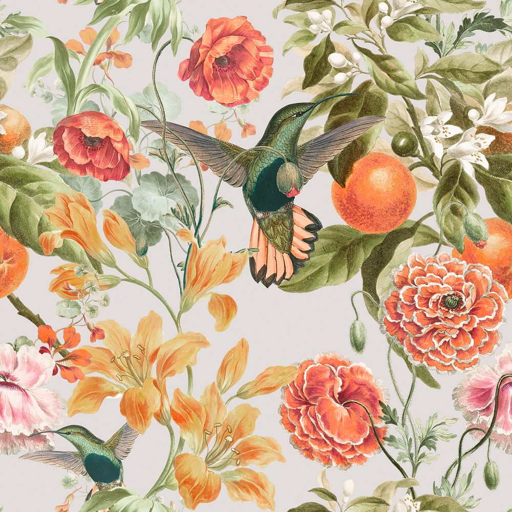 Summer botanical pattern background, birds design psd, remixed from original artworks by Pierre Joseph Redout&eacute;