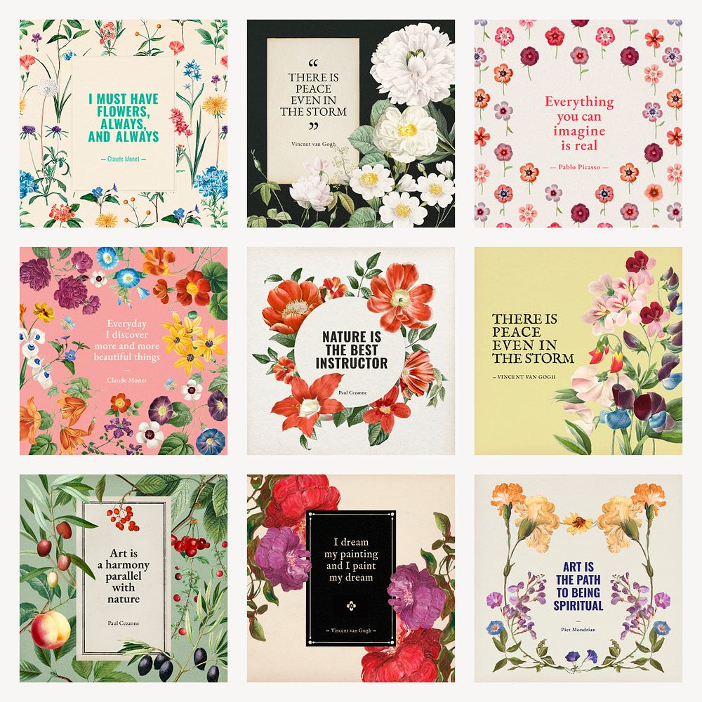Flower quote Instagram post templates set psd, remixed from original artworks by Pierre Joseph Redout&eacute;