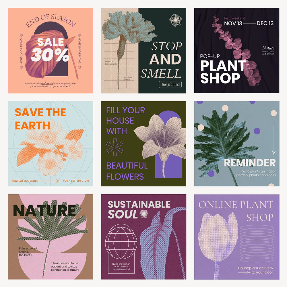 Botanical & floral template set, retro modern aesthetic halftone, social media feed design psd