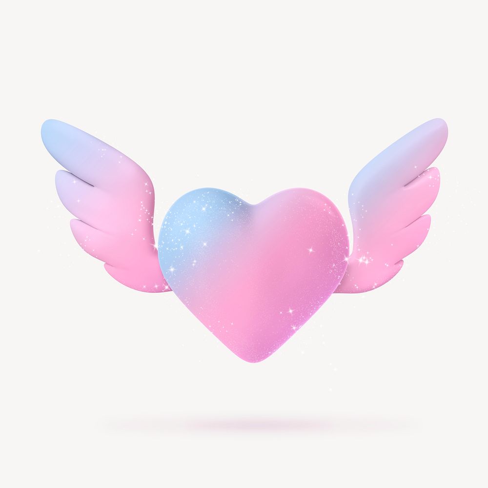 Heart wings collage element, 3d holographic graphic psd
