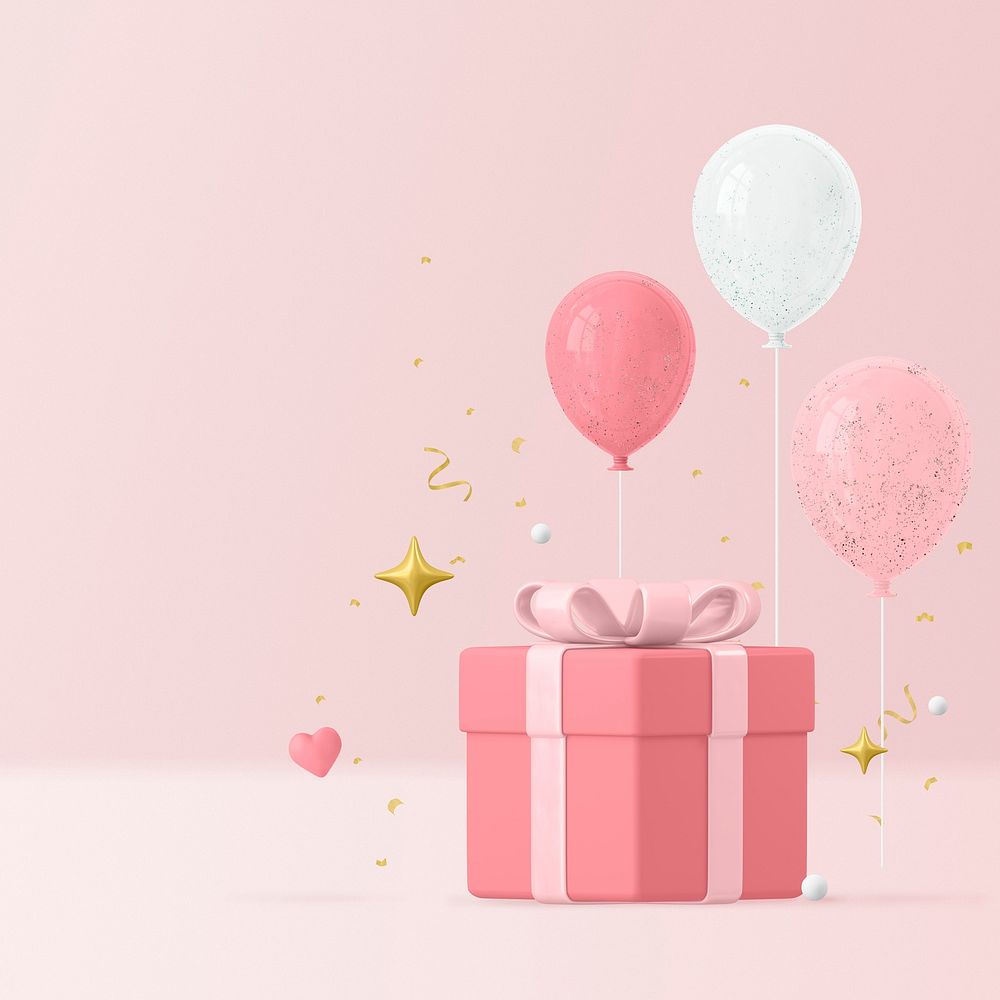 Pink 3d balloon background, birthday graphic