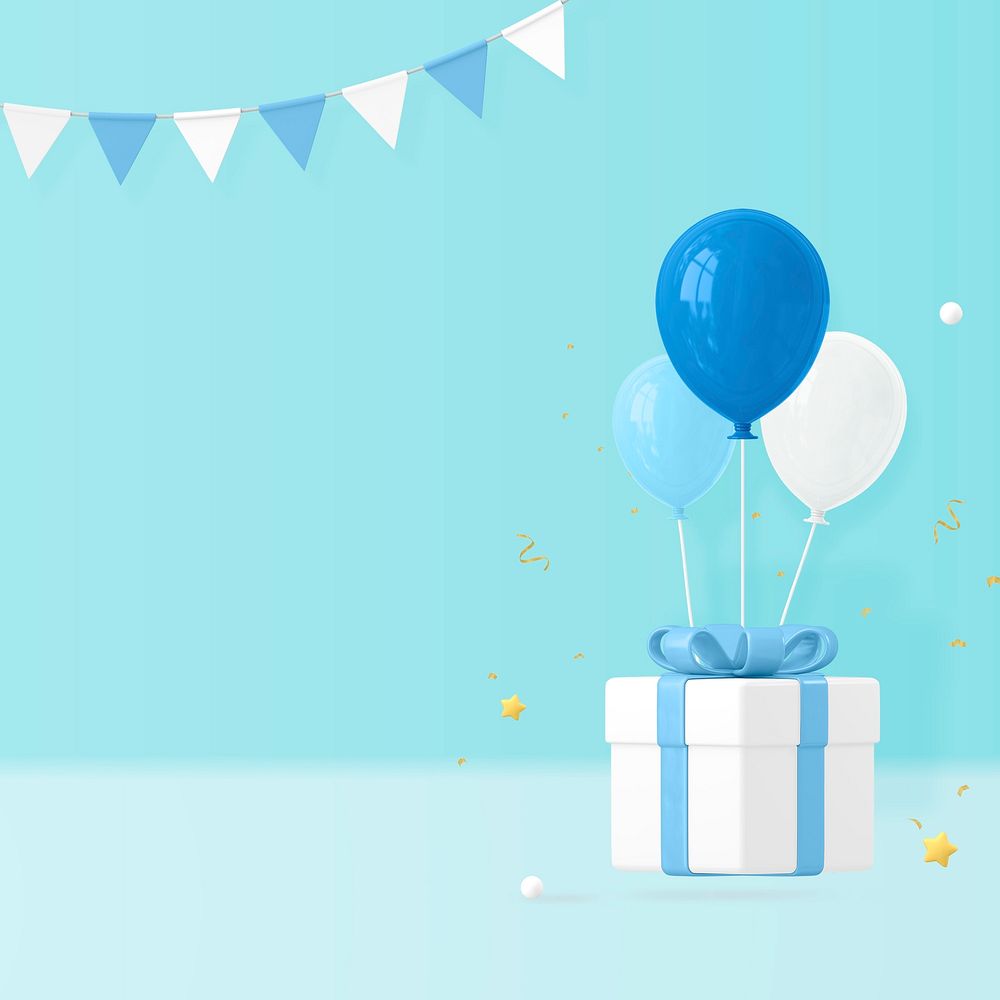 Blue birthday background, 3d balloon & gift box design