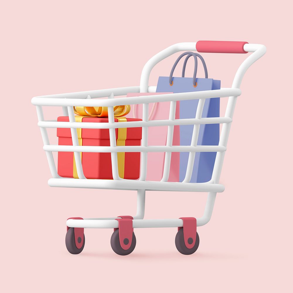 Birthday gift shopping, 3D trolley illustration 