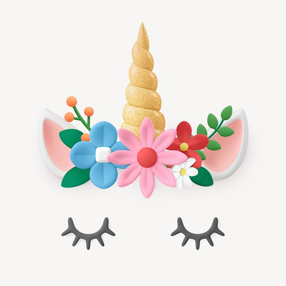 Floral unicorn clipart, 3D animal illustration