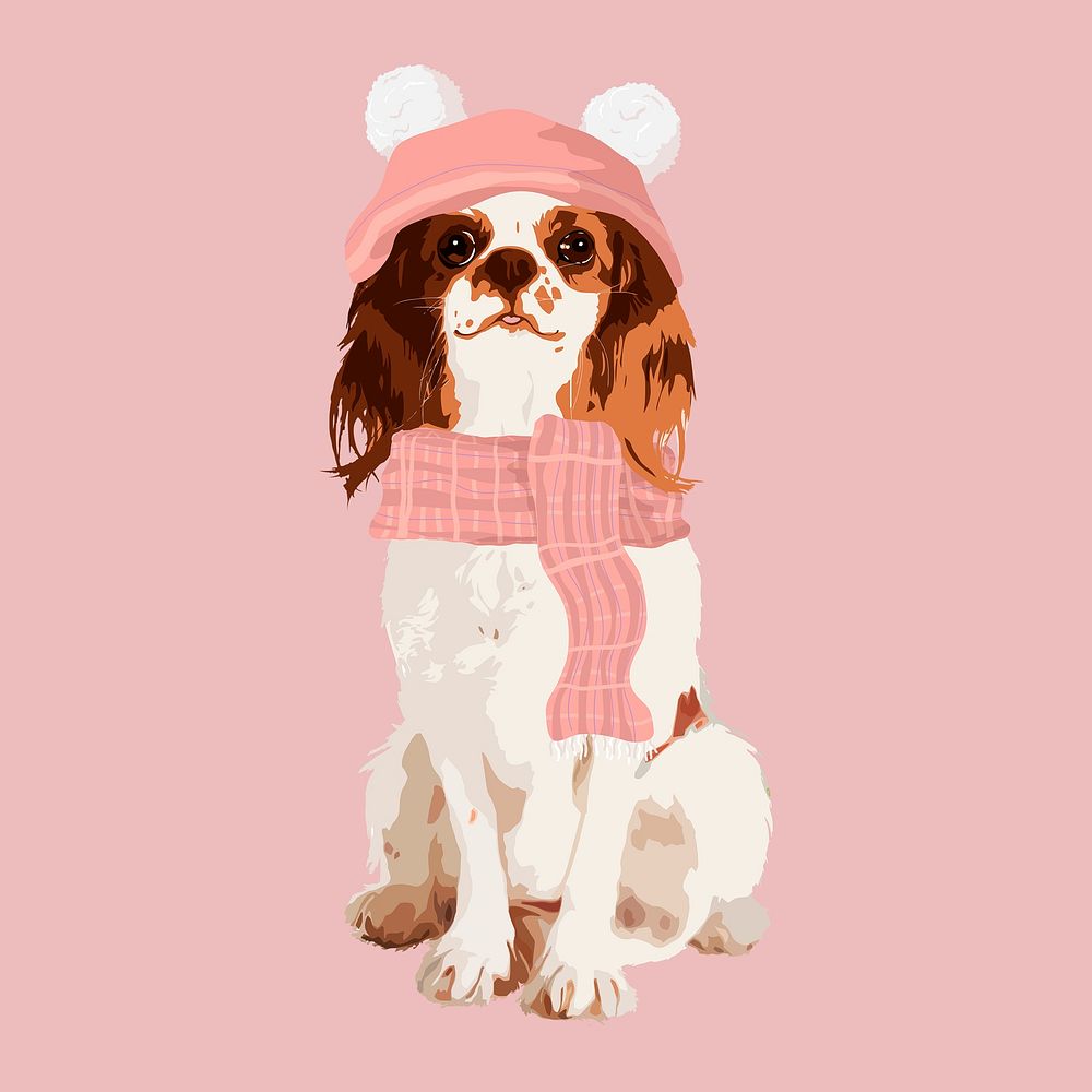Cute winter dog collage element, aesthetic illustration psd