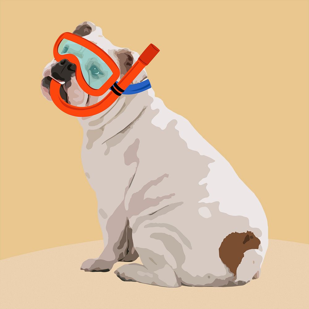 Scuba dog, English Bulldog, clipart, aesthetic illustration