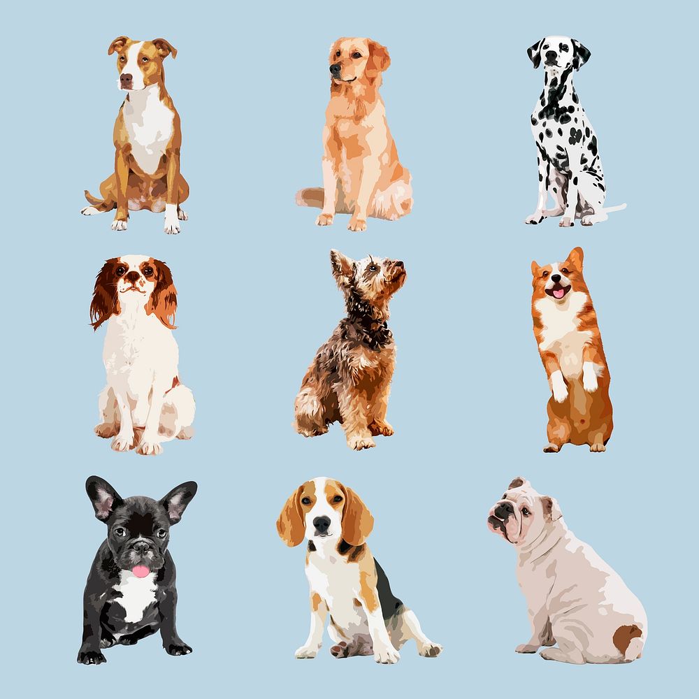 Dog breeds collage element, aesthetic illustration set psd
