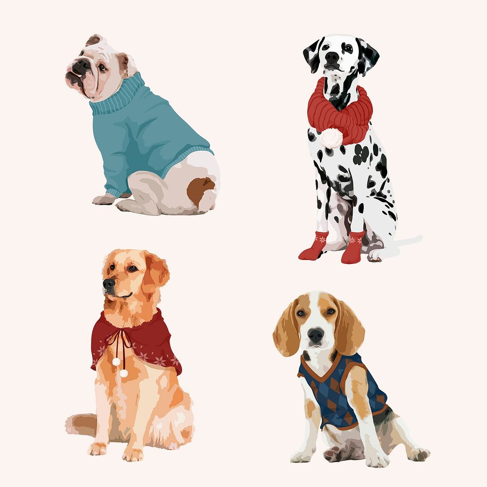 Cute winter dogs collage element, aesthetic illustration set psd