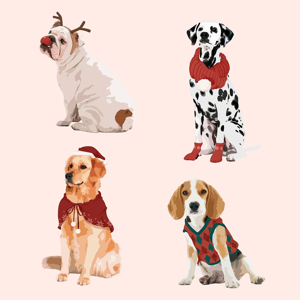 Festive Christmas dogs collage element, aesthetic illustration set psd