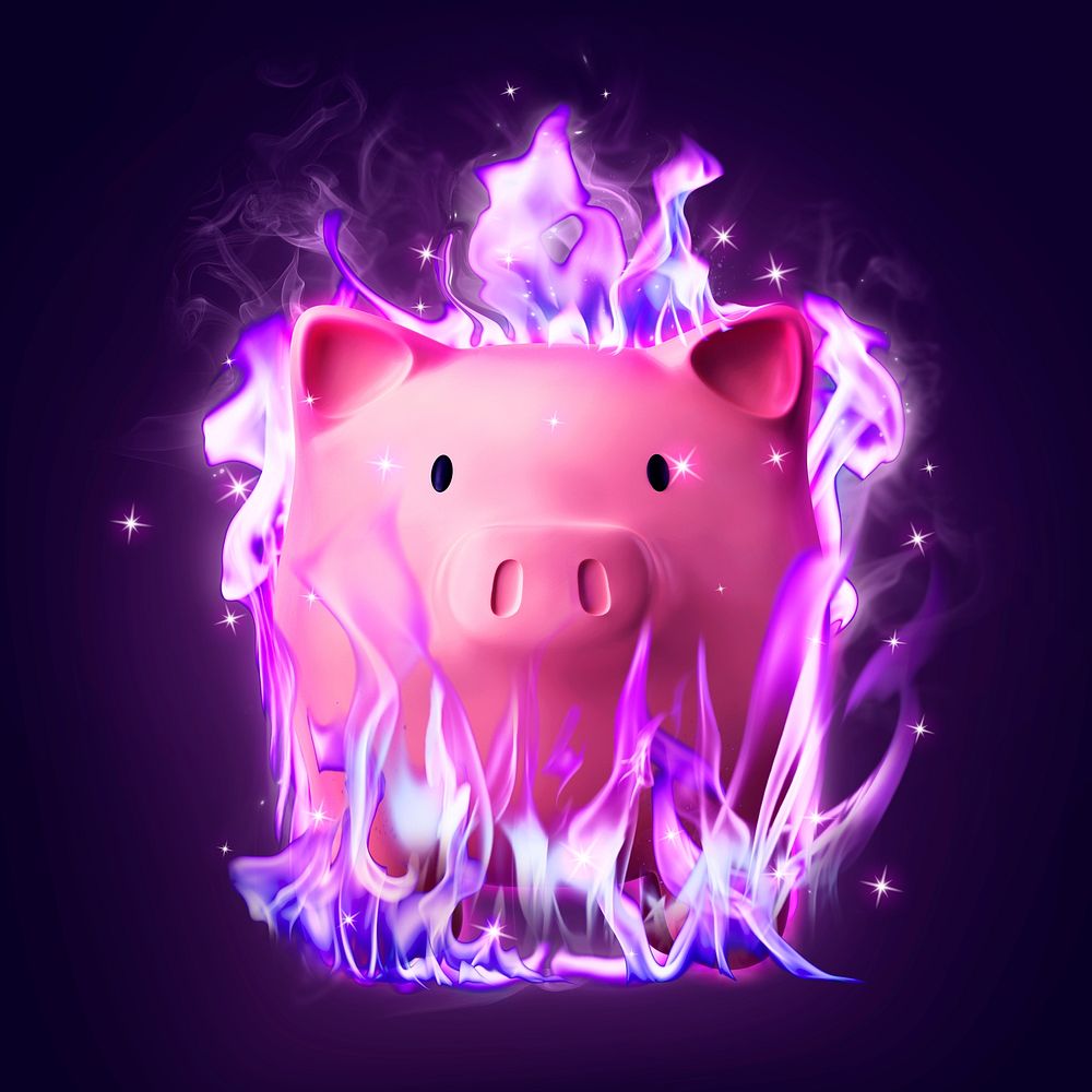 Flaming piggy bank, 3D clipart, neon grunge design psd
