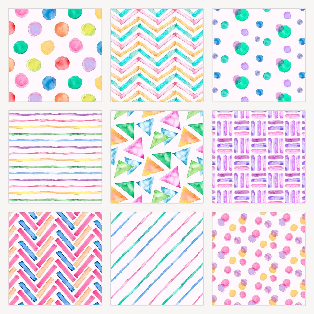 Bright geometric pattern, aesthetic watercolor design vector set