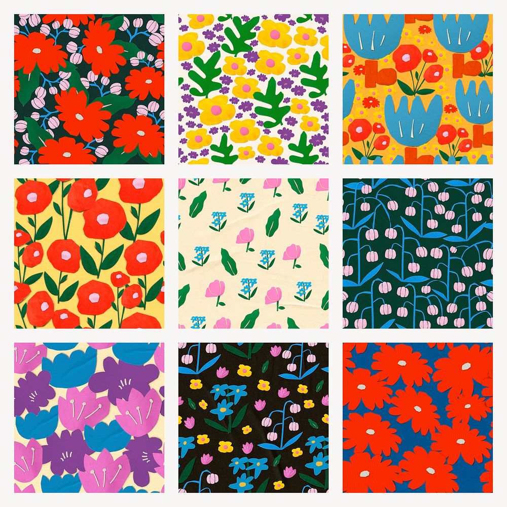 Floral pattern social media post, colorful paper craft design psd set
