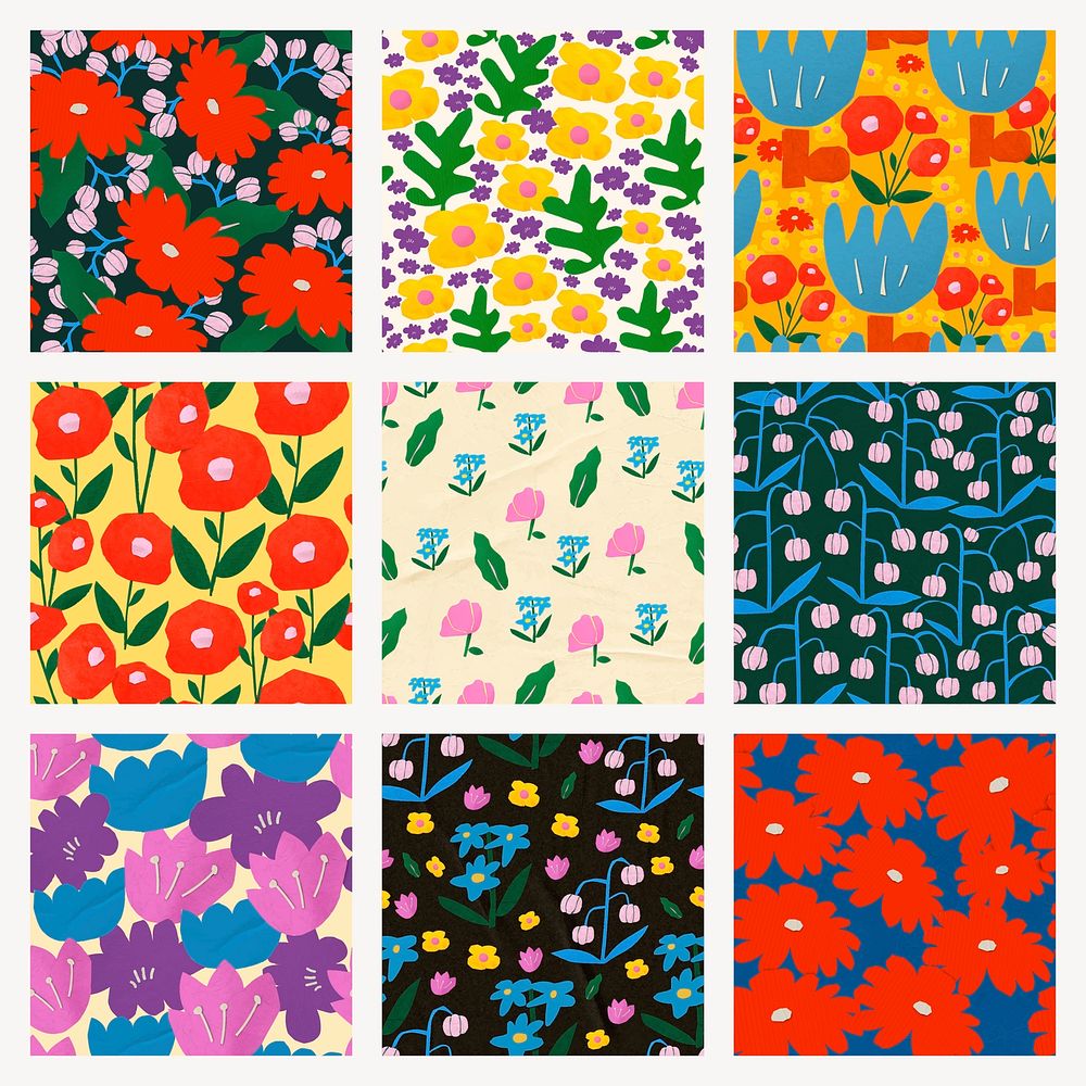 Flower pattern social media post, colorful paper craft design vector set