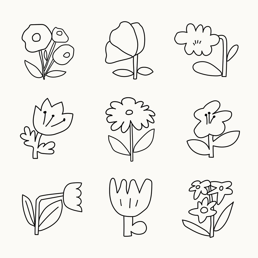 Floral doodle sticker, black design on beige background psd set