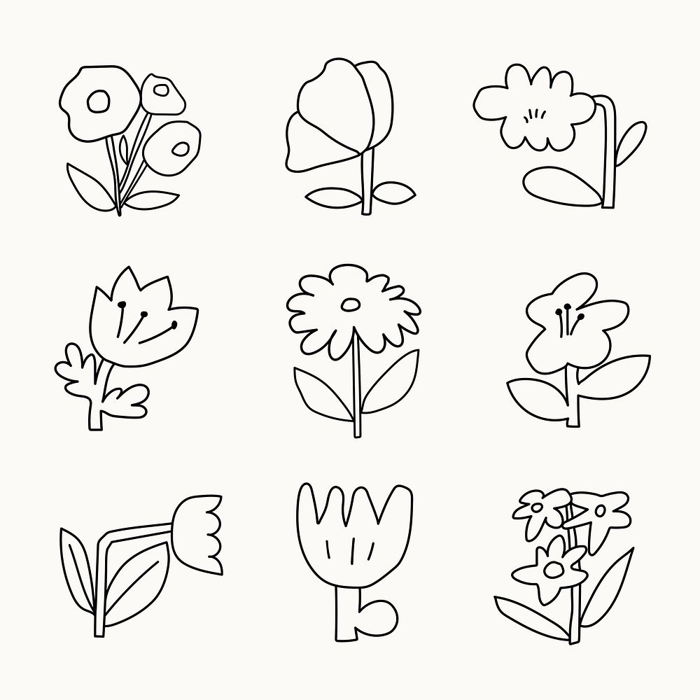 Flower doodle sticker, black design on beige background vector set